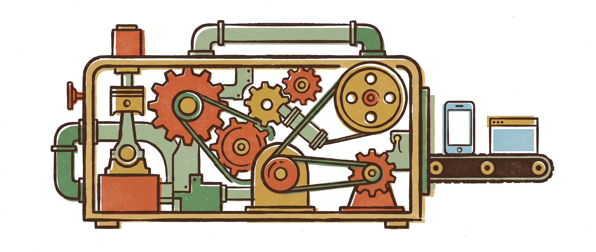 A screen-print of an intricate engine of interlocking gears and pistons, with a finished phone app and browser window gliding out on a conveyor belt
