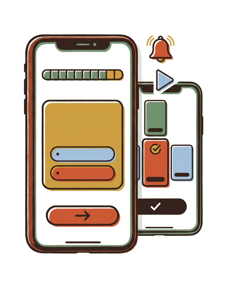 A screen-print of two phones showing an app onboarding flow with a step progress bar, a quiz question with options, and a call-to-action button